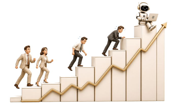 AI agent calmly working above people climbing a business growth chart